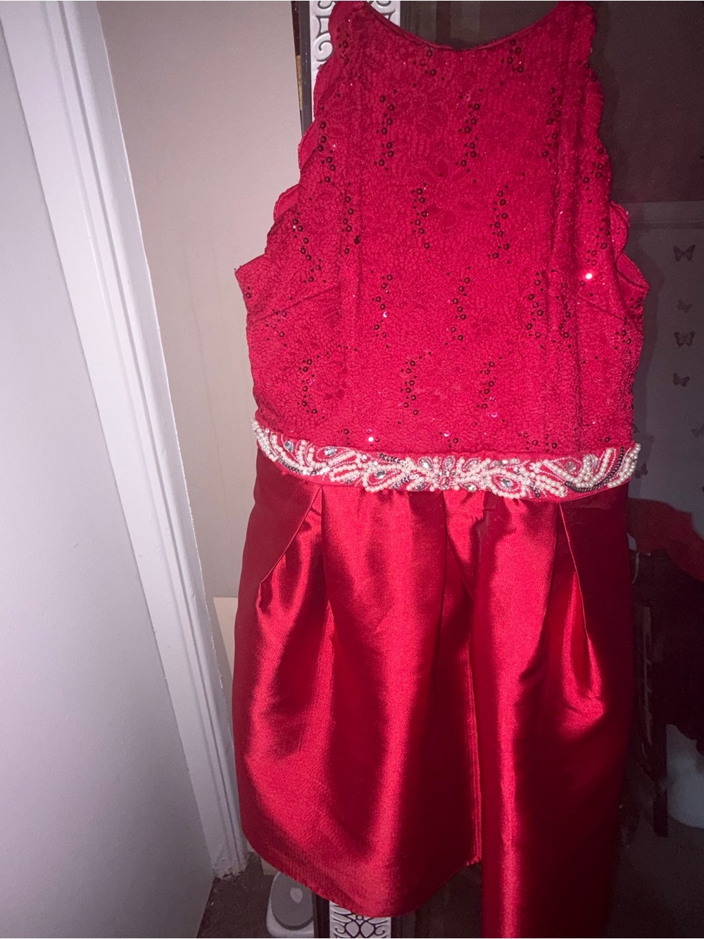 BCX Red Sequin Bodice Satin Skirt Girls' Party Dress with Beaded Waist